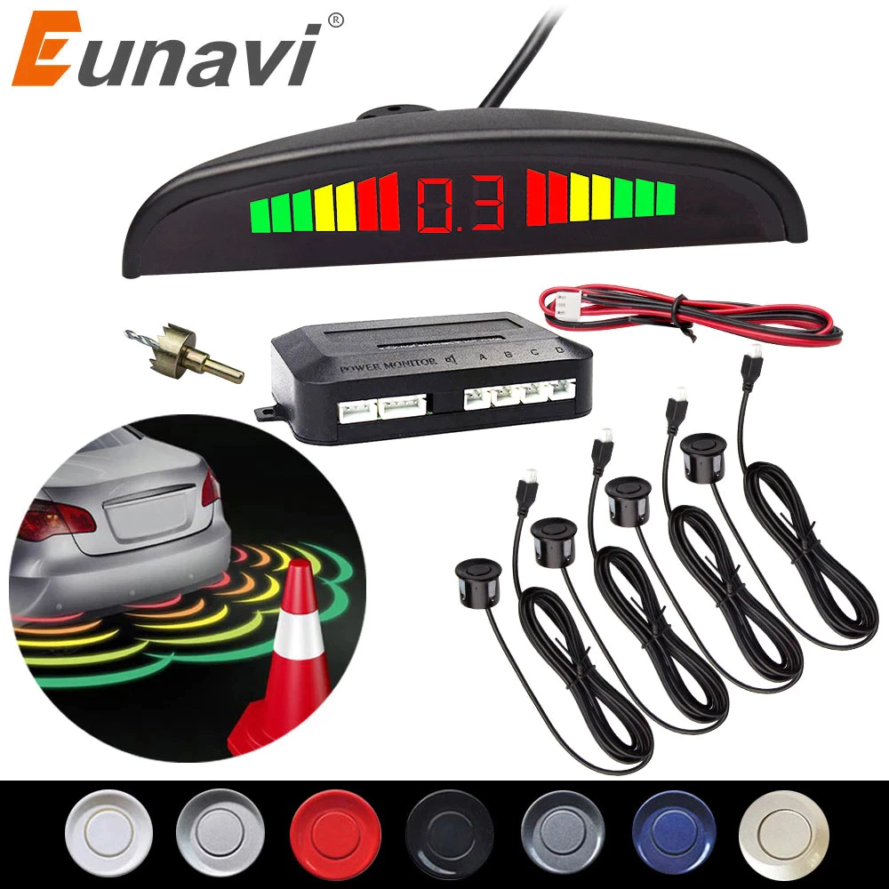 Eunavi 1set de Parktronic Kit de sensores de estacionamiento LED pantalla 4 sensores para todos los coches inversa asistencia Sistema de Monitor Radar de respaldo